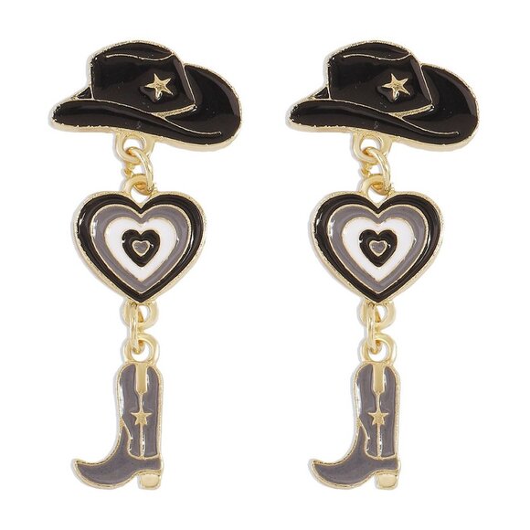 Hat Heart Cowboy Boots Oil Drop Earrings - Picture 1 of 5